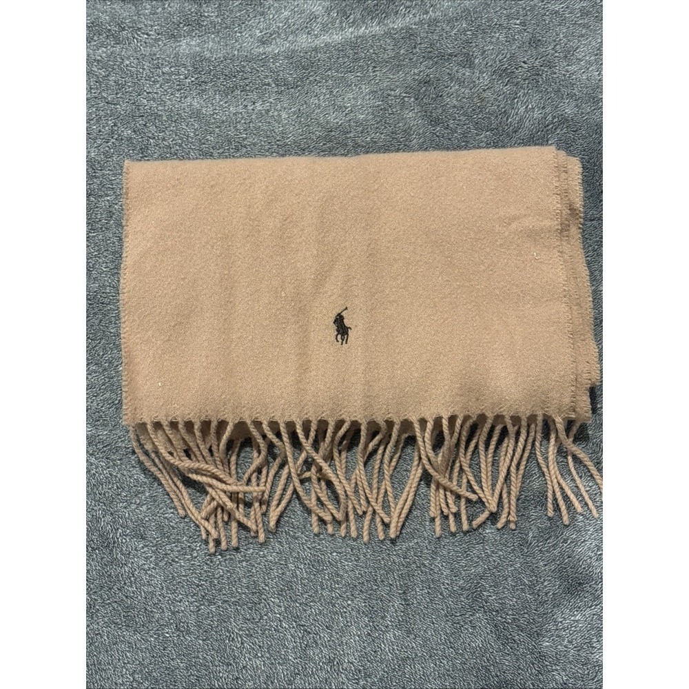 Polo Ralph Lauren Scarf Unisex OS Tan Excellent Lambswool Fringed Pony Logo